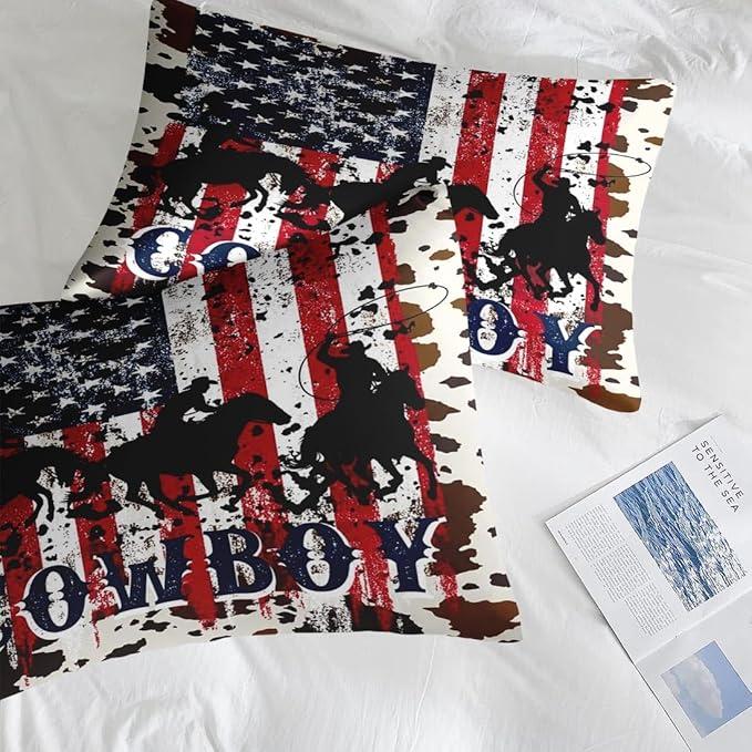 Comforter Set King Size, Cowboy Horse Flag 7 Pcs Bedding for Kids and Adults, Western Country Farm Bed Sheet Sets with Fitted Sheet 2 Pillowcases & 2 Shams for Bedroom Bed Decor