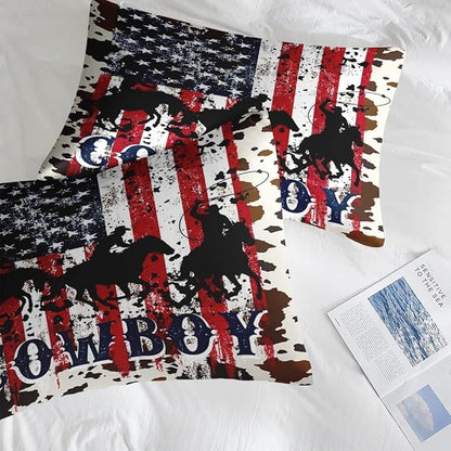 Comforter Set King Size, Cowboy Horse Flag 7 Pcs Bedding for Kids and Adults, Western Country Farm Bed Sheet Sets with Fitted Sheet 2 Pillowcases & 2 Shams for Bedroom Bed Decor
