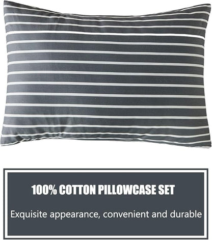 JELLYMONI 100% Natural Cotton 3pcs Striped Duvet Cover Sets, Dark Grey with White Stripes Pattern Printed Comforter Cover, with Zipper Closure & Corner Ties(Queen Size)