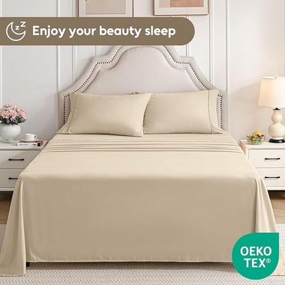 Full Size Bed Sheets Set, 4 Pieces Hotel Luxury Soft Microfiber Bed Sheets Set, Up to 16" Deep Pockets, Oeko-Tex Sheets with Elastic, Breathable, Wrinkle Free (Beige, Full)
