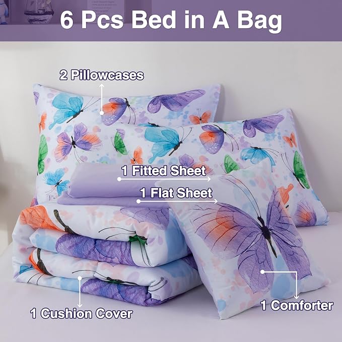 A Nice Night 6pcs Bed in A Bag Watercolor Ink Wash Tie-Dye Butterfly Flying Printed, Butterflies Bedding Comforter Set, Purple Green Twin