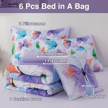 A Nice Night 6pcs Bed in A Bag Watercolor Ink Wash Tie-Dye Butterfly Flying Printed, Butterflies Bedding Comforter Set, Purple Green Twin