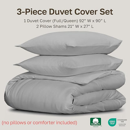 California Design Den 3 Pc Duvet Cover Set Queen Size/Full Size - Winner Good Housekeeping Best Bedding Awards 2025, 400 Thread Count Sateen, 100% Cotton, Button Closure, Corner Ties - Light Grey