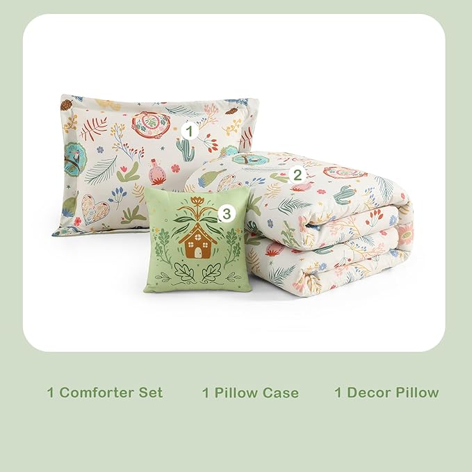 Twin Comforter Set for Girls-3 Pieces Forest Friends Twin Bedding Set with 1 Comforter, 1 Decor Pillow, 1 Pillow Sham