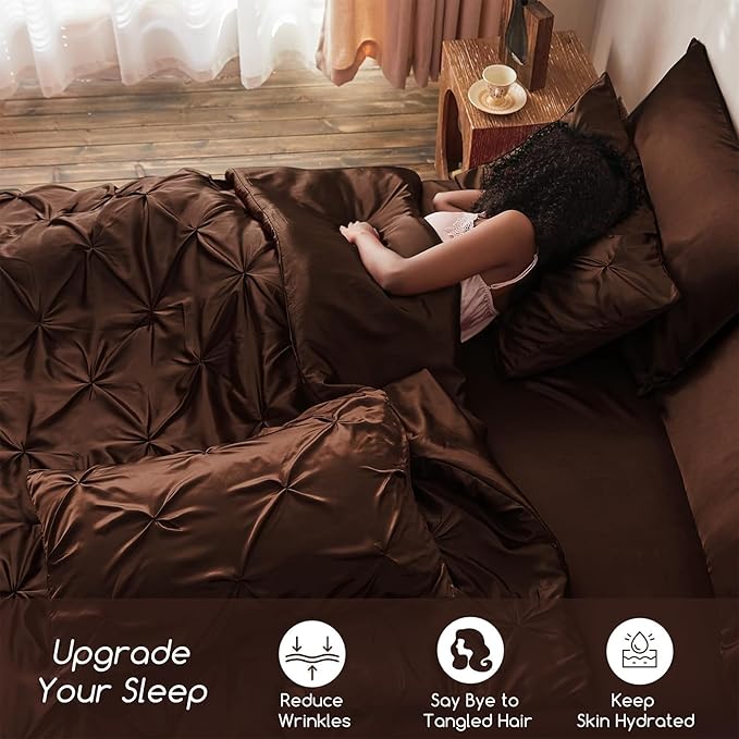 MR&HM Satin Comforter Set Oversized Queen, 7 Piece Bed in a Bag, Silky Soft All Season Bed Set, Luxury Pinch Pleat Bedding Set with Comforter, Sheets, Pillowcases & Shams, Brown