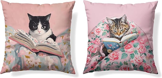 Funny Cat Reader Book Pillow Cover 18 x 18 Set of 2, Preppy Floral Black Orange Tabby Tuxedo Cats Bookish Pillowcase, Gifts for Book Lovers, Reading Nook Corner Decor