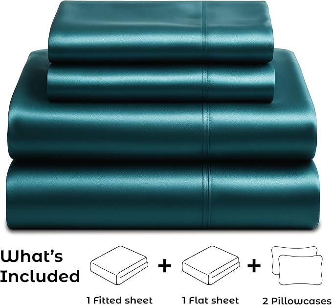 Pure Bedding Satin Sheets Full [4-Piece, Teal] Hotel Luxury Silky Bed Sheets - Extra Soft 1800 Microfiber Sheet Set, Wrinkle, Fade, Deep Pocket Fitted Sheet, Flat Sheet, Pillow Cases