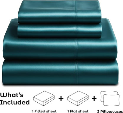 Satin Sheets Queen [4-Piece, Teal] Hotel Luxury Silky Bed Sheets - Extra Soft 1800 Microfiber Sheet Set, Wrinkle, Fade, Stain Resistant - Deep Pocket Fitted Sheet, Flat Sheet, Pillow Cases