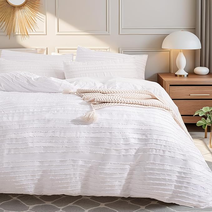 NEXHOME PRO Duvet Cover Full,White 3 Pieces Boho Tufted Duvet Cover Set, Soft and Lightweight 100% Washed Microfiber Comforter Cover Set for All Season(White Full, 80 x 90)-No Comforter