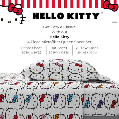 Collectibles Hello Kitty Bows Bedding Super Soft Cozy Microfiber 4 Piece Queen Sheet Set, (Officially Licensed Product) By Franco
