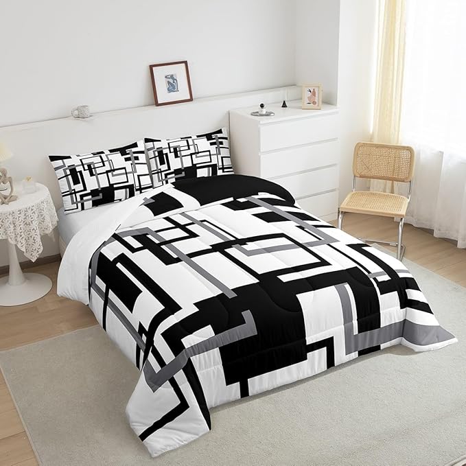 Erosebridal Grid Comforter for Kids Boys Girls,Black and White Bedding Set Twin Size,Geometric Pattern Quilt Set Ultra Warm,Buffalo Check Art Duvet Insert with 1 Pillow Sham Bedroom Decor