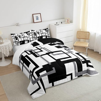 Erosebridal Grid Comforter for Kids Boys Girls,Black and White Bedding Set Twin Size,Geometric Pattern Quilt Set Ultra Warm,Buffalo Check Art Duvet Insert with 1 Pillow Sham Bedroom Decor