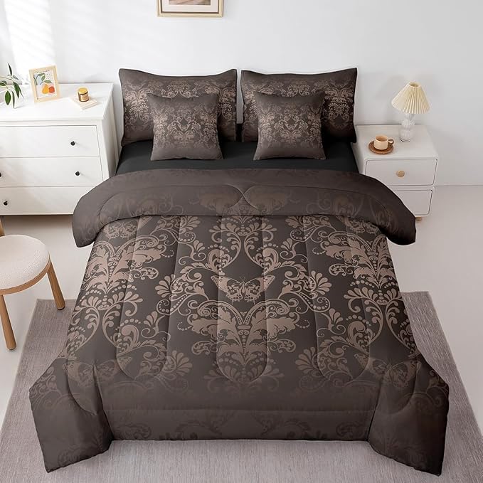 Erosebridal Gothic Damask Bed in a Bag King Size Comforter Set 7 Pieces,Butterfly Skull Bedding Sets Black Brown Victorian Floral Goth Sheet Set with Comforter