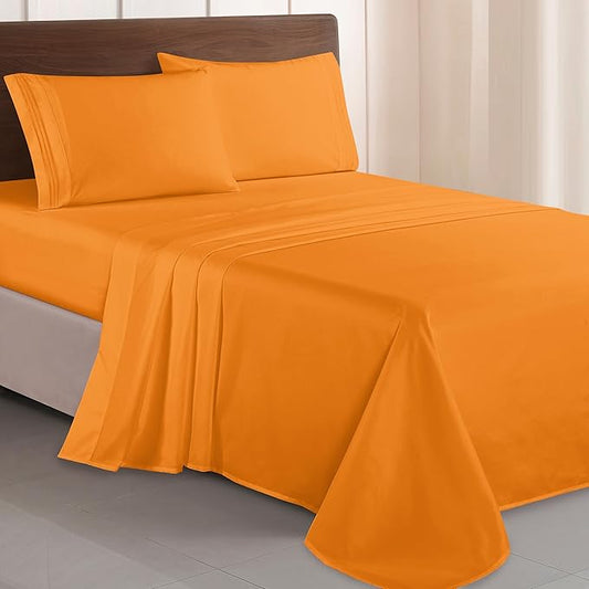 Elegant Comfort Luxurious 1500 Premium Hotel Quality Microfiber Three Line Embroidered Softest 4-Piece Bed Sheet Set, Wrinkle and Fade Resistant, Twin/Twin XL, Orange
