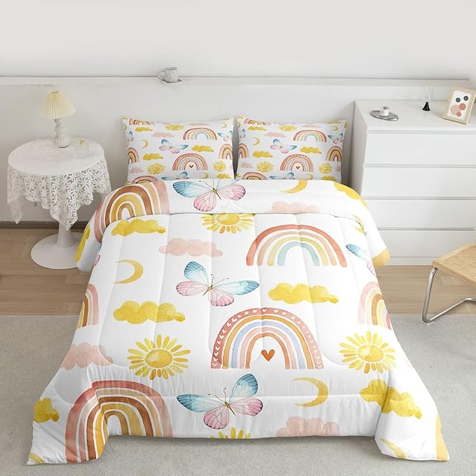 Rainbow Comforter Set King Size, Girls Butterfly Bedding Sets, Cartoon Rainbow Quilt Sets, Colorful Sun Clouds Comforters, Iridescent Print Down Comforter, Geometric Stripes Soft Lightweight Bedding