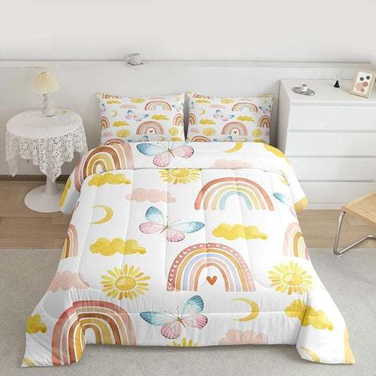 Rainbow Comforter Set King Size, Girls Butterfly Bedding Sets, Cartoon Rainbow Quilt Sets, Colorful Sun Clouds Comforters, Iridescent Print Down Comforter, Geometric Stripes Soft Lightweight Bedding