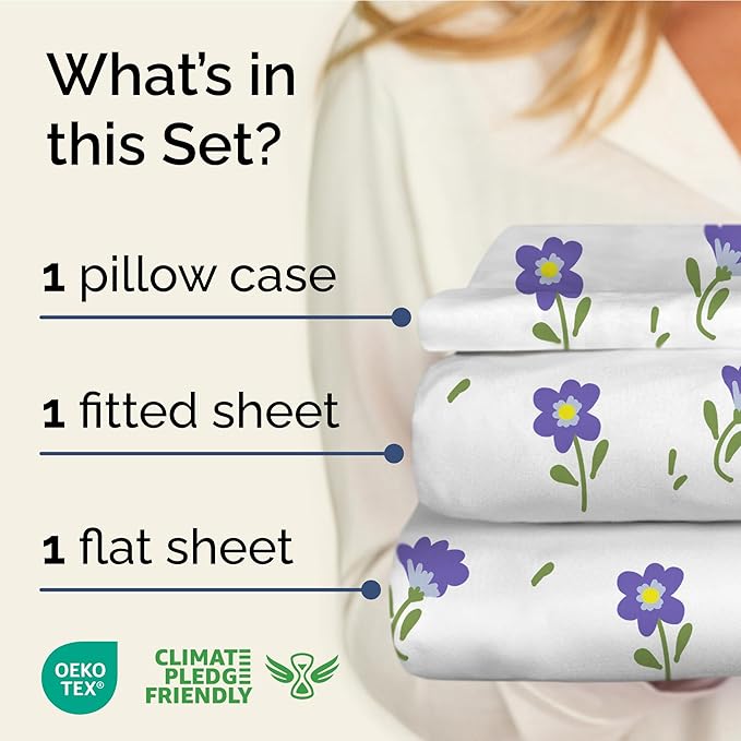 Floral Sheets - Purple Floral Bed Sheet Set - 1 Flat, 1 Fitted & 1 Pillowcase w/ Deep Pockets - Comfy, Wrinkle & Fade Free - Boho Botanical Bedding - Soft, Breathable and Cooling - Twin XL Size Set