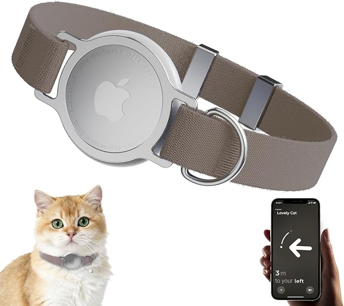 AirTag Cat Collar, Ultra Elastic Cat Tracker Collar (Brown) | Compatible with Apple Air Tag Holder, Lightweight, Scratch Resistant, Stepless Adjustable Pet Tracking Collars for Cat Kitten