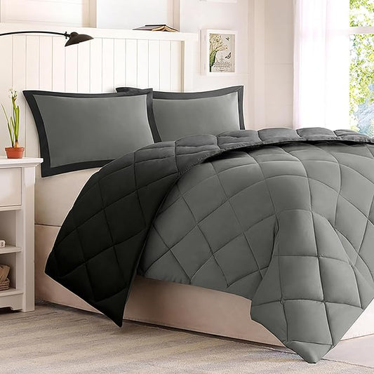 Madison Park Comforter Set, Reversible Down Alternative All Season Microfiber Bedding, 3M Scotchgard Stain Release, Full/Queen Dorm Comforter, Black/Grey