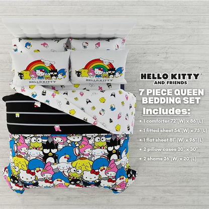 Franco Collectibles Hello Kitty & Friends Bedding 7 Piece Super Soft Comforter and Sheet Set with Sham, Queen, (Official Licensed Product)