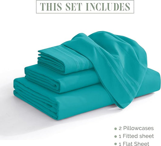 Elegant Comfort Luxurious 1500 Premium Hotel Quality Microfiber 4-Piece Sheet Set, 18-24 Inches Deep - Extra Deep Pocket Sheets - Ultra Soft 4PC Deep Pocket Sheets, Queen, Turquoise
