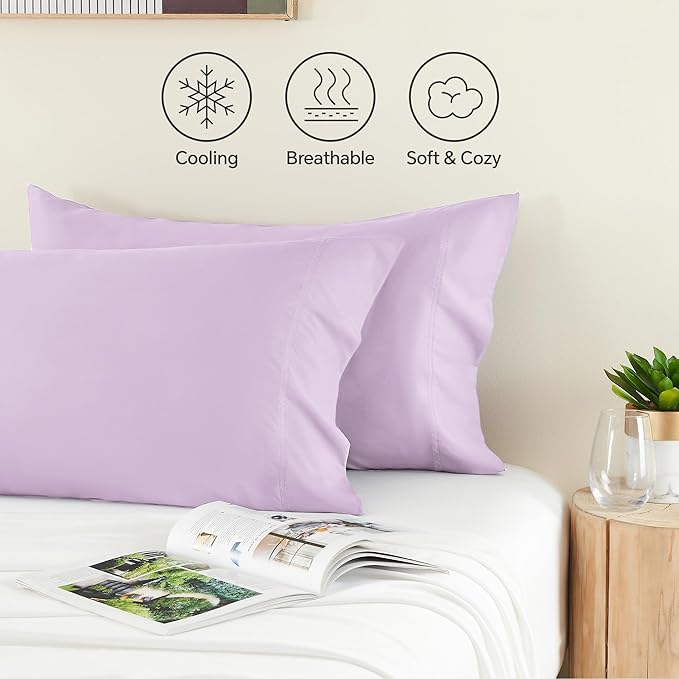 BEDELITE Pillow Cases Standard Size Set of 2, Rayon Derived from Bamboo, Cooling Pillow Cases for Hot Sleepers & Night Sweats, Breathable and Silky Soft Envelope Pillowcases(Light Purple, 20"x26")