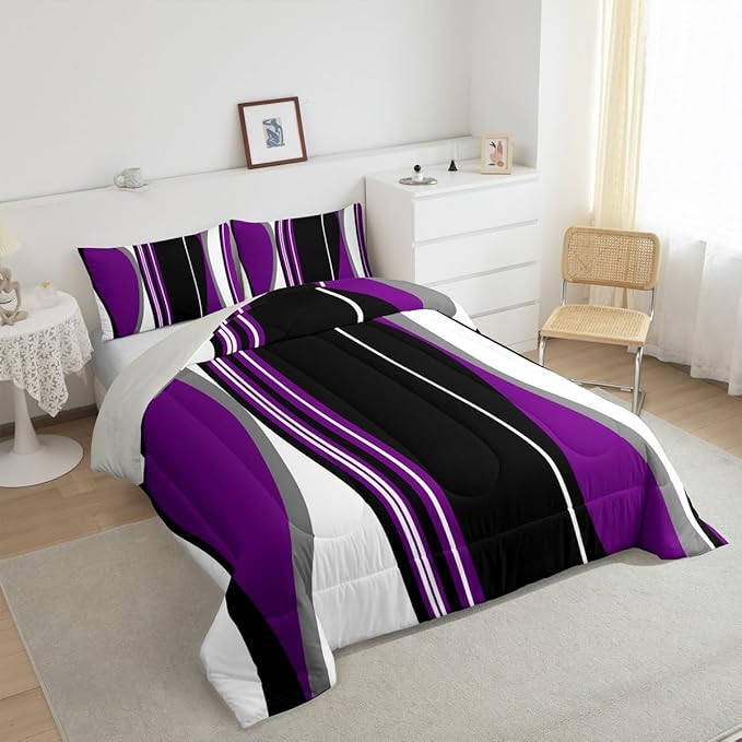 Erosebridal Purple Black Abstract Queen Comforter Set for Adult Women Men Grey Modern Striped Bedding Set Geometric Stripes Lines Bed Set Contemporary Art Boho Quilt Set for Minimalist