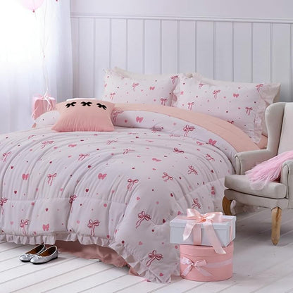 A Nice Night Polka Dot Bow Comforter Set,6 Piece Bed in a Bag Chic Bowknot Bedding Sets,Princess Style,White Room Decor for Girls,Full