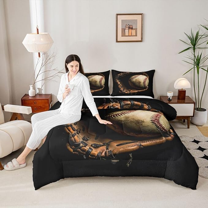 Erosebridal Baseball Comforter Set King Size Sports Game Bedding Baseball Player Duvet Insert for Kids Boys Teens Retro Style Quilt for Room Dorm Decorative, Brown Down Comforter
