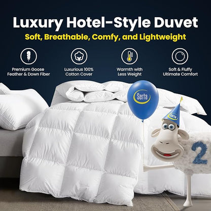 Serta Luxurious Goose Feathers Down Fiber Comforter King Size Duvet Insert, 100% Cotton, Hotel Quality Hypoallergenic Comforter, 59oz Light Warmth 106 x 90 in White