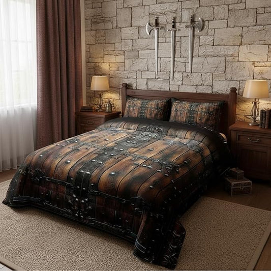 Medieval Themed Comforter Set for Kids,Castle Knight Wall Bedding Set Teens Boys Room Decor,Retro Wooden Board Comforter with 1 Pillowcase for All Seasons,Twin