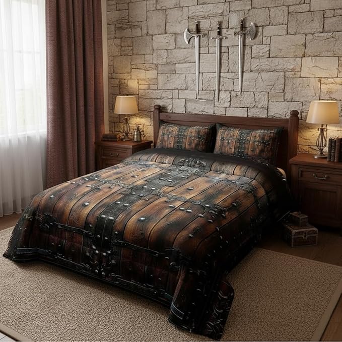 Medieval Themed Comforter/Duvet Set,Castle Knight Wall Ultra Soft Bed Collection,Retro Wooden Board Bedding for Room Decor 3 Pcs,Microfiber Breathable,King