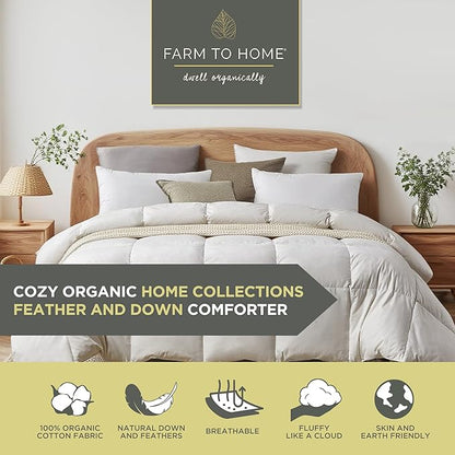 Farm To Home Organic Cotton Feather and Down Comforters Queen Size, 100% Organic Cotton Cover, All Seasons Duvet Insert, 4 Corner Tabs, Naturally Breathable White Bedding Comforters, 90"x90"
