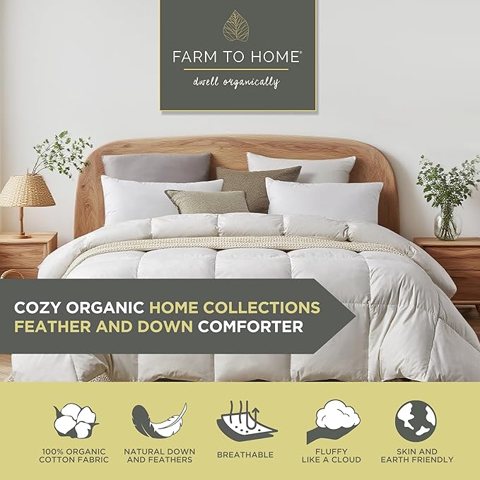 Farm To Home Organic Cotton Feather Down Comforter Twin Size, 100% Organic Cotton Cover, All Seasons Luxury Duvet Insert with Corner Tabs, Cozy HotelCollections White Bedding Comforters, 68"x90"