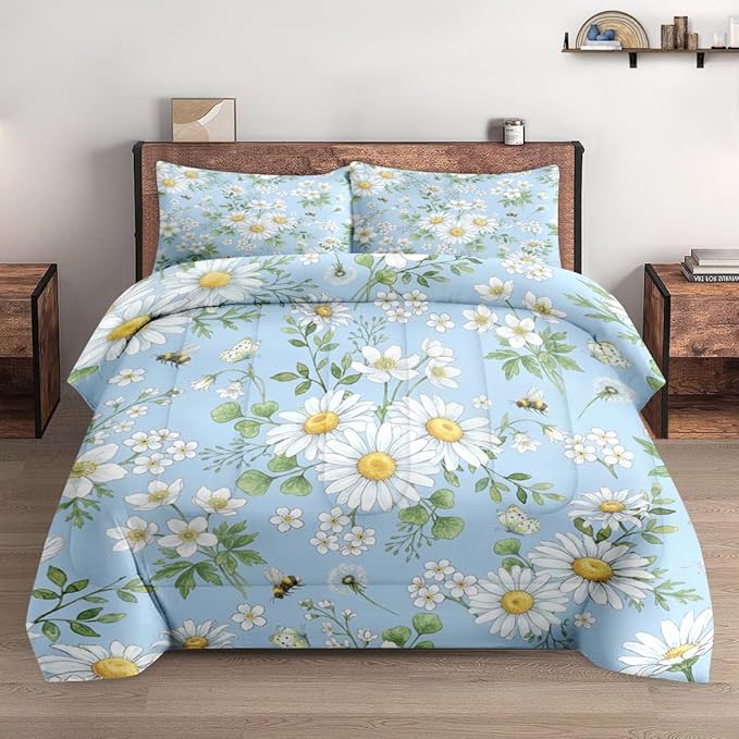 Full Size Comforter Set with 2 Pillowcases, Spring Summer Botanical Wildflower Daisy Flower Green Floral Soft 3 Pcs Bedding for Kids and Adults Bedroom Bed Decor