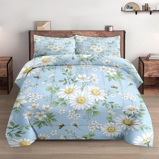 King Size Comforter Set with 2 Pillowcases, Wildflower Daisy Flower Floral Soft 3 Pcs Bedding for Kids and Adults Bedroom Bed Decor