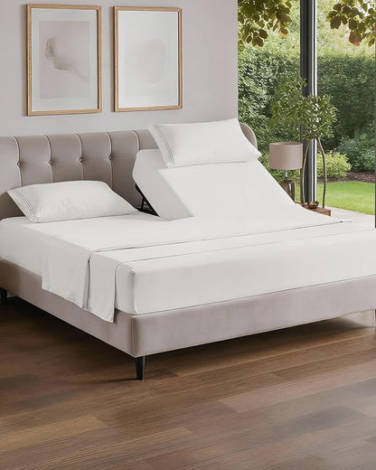 Flex Top Split Head King 4 Piece Sheet Set - Comfy Breathable & Cooling Bed Sheets Set - Hotel Luxury Bedding for Women, Men, Kids, Teens, Boys & Girls - Deep Pockets, Soft, Oeko-Tex - Antique White