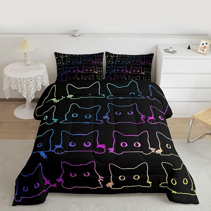 Erosebridal Cute Cats Bedding Set Queen Kawaii Cat Pet Comforter Colorful Neon Ombre Animal Line Down Lovely Lovers Room Decor Lightweight Duvet For Teens Children Boy Girl,Multi 362