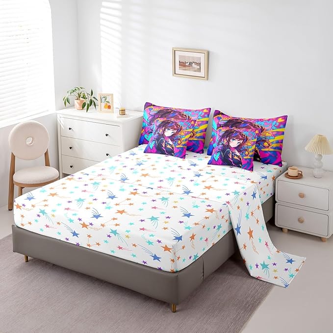 Erosebridal Anime Girl King Comforter Set 7 Piece, Japanese Anime Bedding Set for Kids Girls Teens Adult Bedroom, Cartoon Girl Bed in A Bag Kawaii Japanese Animation Sheet Set, Purple