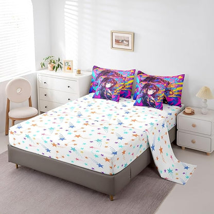Erosebridal Anime Girl King Comforter Set 7 Piece, Japanese Anime Bedding Set for Kids Girls Teens Adult Bedroom, Cartoon Girl Bed in A Bag Kawaii Japanese Animation Sheet Set, Purple