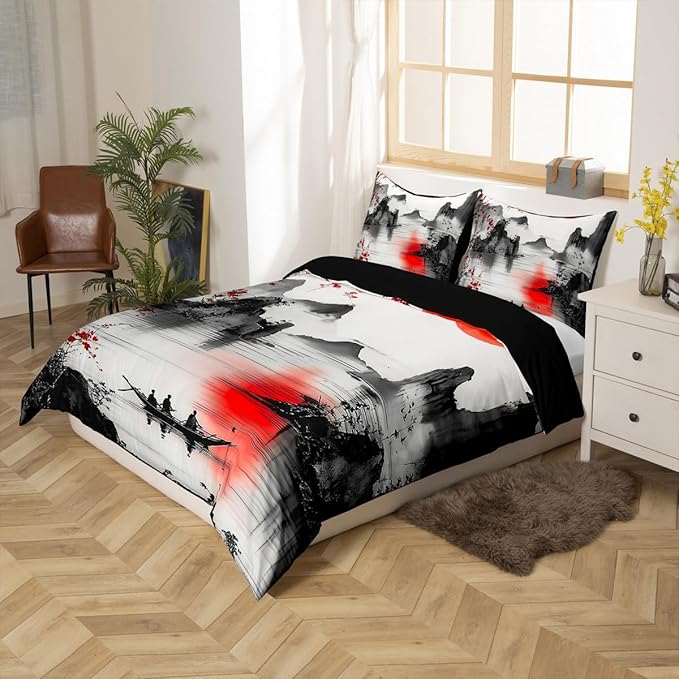 Feelyou Japanese Theme Bedding Set Queen Size Cherry Blossom Duvet Cover for Adult Kids Boys Girls Watercolor Comforter Cover Set Natural Landscape Bedspread Cover 3Pcs Zipper