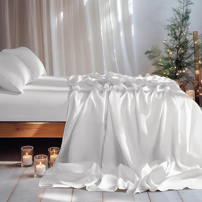 LBRO2M 100% Pure Linen Sheet Set Deep Pocket Up to 16" Bed Sheets Sets, Natural Flax Beddings Soft, Breathable, Comfortable for All Seasons 4 Pcs Sheet Set King Size, White