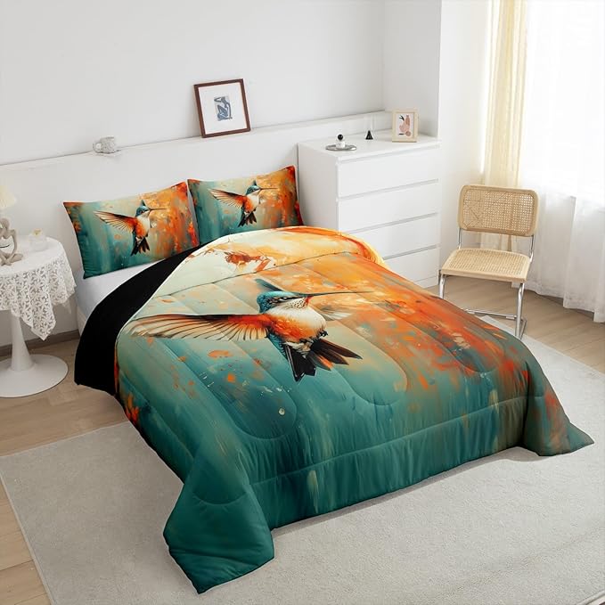 Feelyou Hummingbird Comforter Set Toddler Size Tropical Birds Comforter Hummingbird Flowers Bedding Set Blossoming Iris Flowers Duvet Set Room Decor Teal Quilt Set