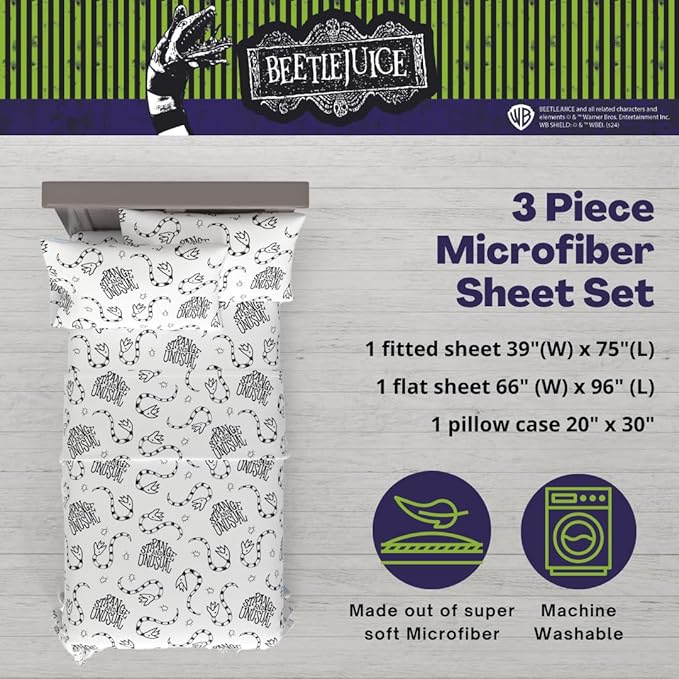 Franco Collectibles Beetlejuice Halloween Bedding Super Soft Microfiber Twin Sheet Set, College Dorm Essentials, (Officially Licensed Product)