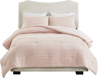 Comfort Spaces Cotton Comforter Set Jacquard Pom-Pom Tufts Design, Down Alternative, All Season Modern Bedding, Matching Shams, Twin/Twin XL, Phillips, Blush