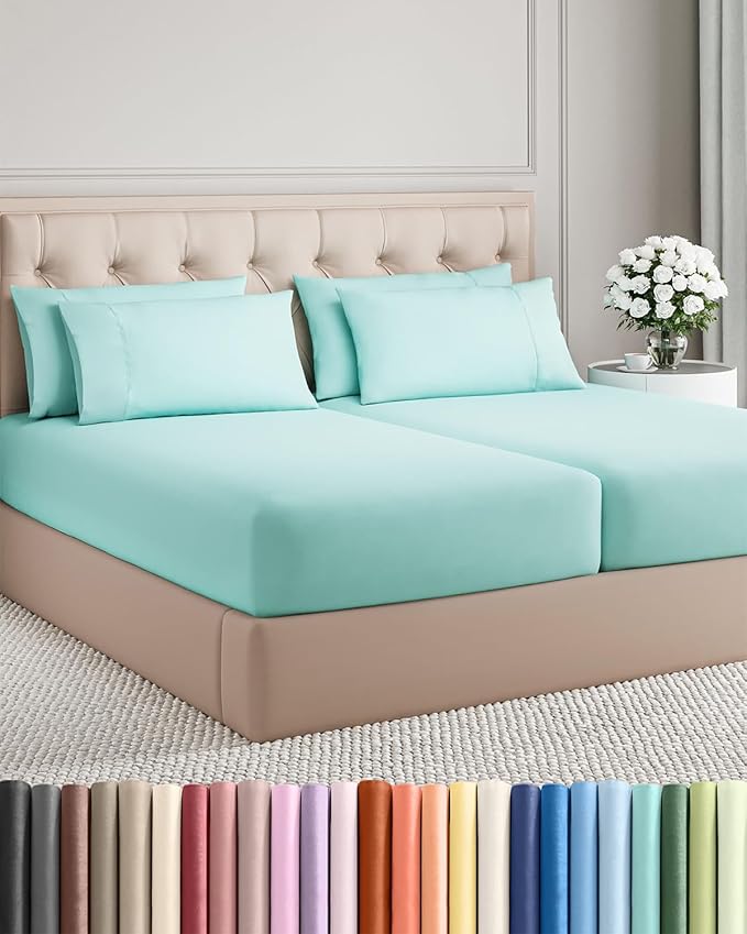 Split King 7 Piece Sheet Set - Comfy Breathable & Cooling - Soft Hotel Luxury Bedding Set with 8-16 Inch Deep Pockets - 1 Flat & 2 Fitted Sheet & 4 Pillowcases - Wrinkle Free & Easy Care - Spa Blue
