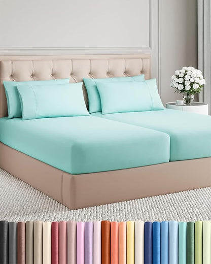 Split King 7 Piece Sheet Set - Comfy Breathable & Cooling - Soft Hotel Luxury Bedding Set with 8-16 Inch Deep Pockets - 1 Flat & 2 Fitted Sheet & 4 Pillowcases - Wrinkle Free & Easy Care - Spa Blue