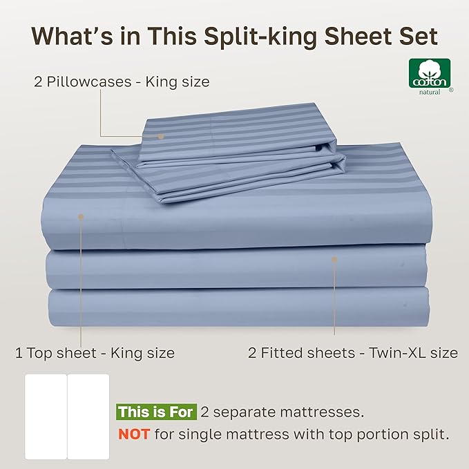 Luxury Split King Sheets Set For Adjustable Bed, 100% Cotton 500 Thread Count Sateen, Snug Fit, Set with Twin-XL Fitted Sheets, Damask Stripe Bedsheets (Split King, Stripe - Light Blue)