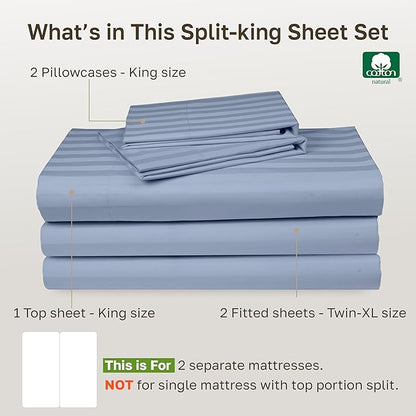 Luxury Split King Sheets Set For Adjustable Bed, 100% Cotton 500 Thread Count Sateen, Snug Fit, Set with Twin-XL Fitted Sheets, Damask Stripe Bedsheets (Split King, Stripe - Light Blue)