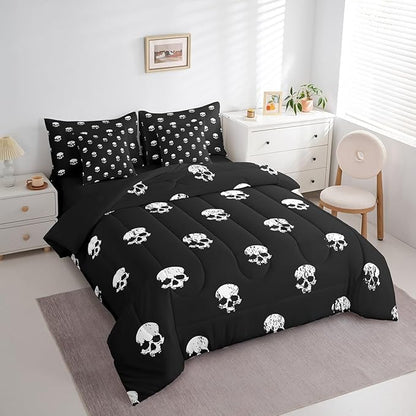 Castle Fairy 7 Pcs Skull Decor Bedding Sets with Sheets,Comforter,Pillowcases,Pillow Covers Human Skull Graffiti Print Comforter Set for Kids Teens Adults Bedroom Dorm Bed Set King Size
